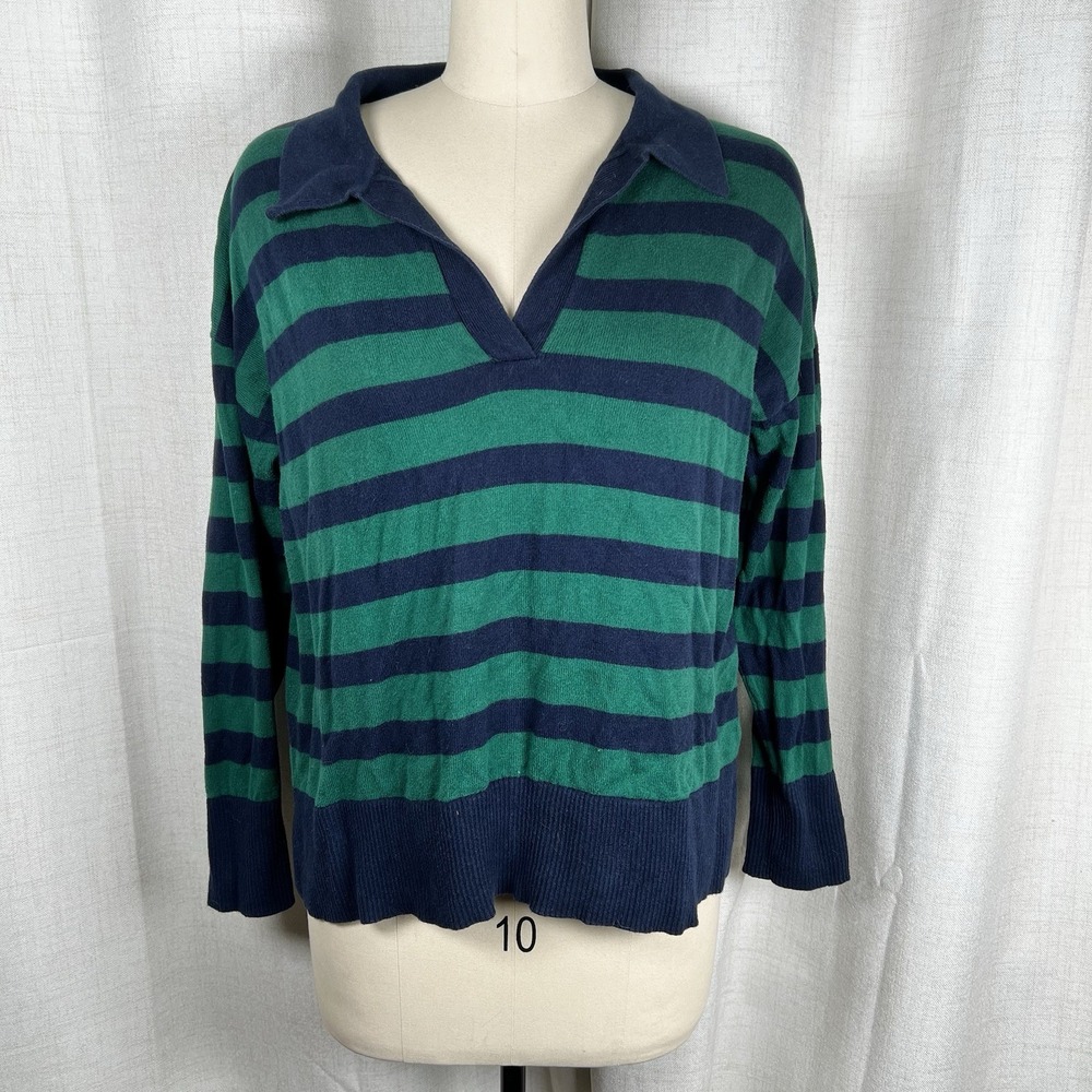 LL Bean Cotton Cashmere Stripe Polo Sweater Navy Blue Green Women's Size Large